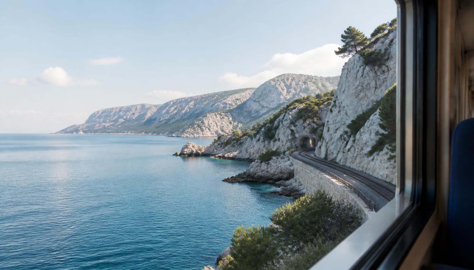 A coastal railway curving beside the Mediterranean Sea